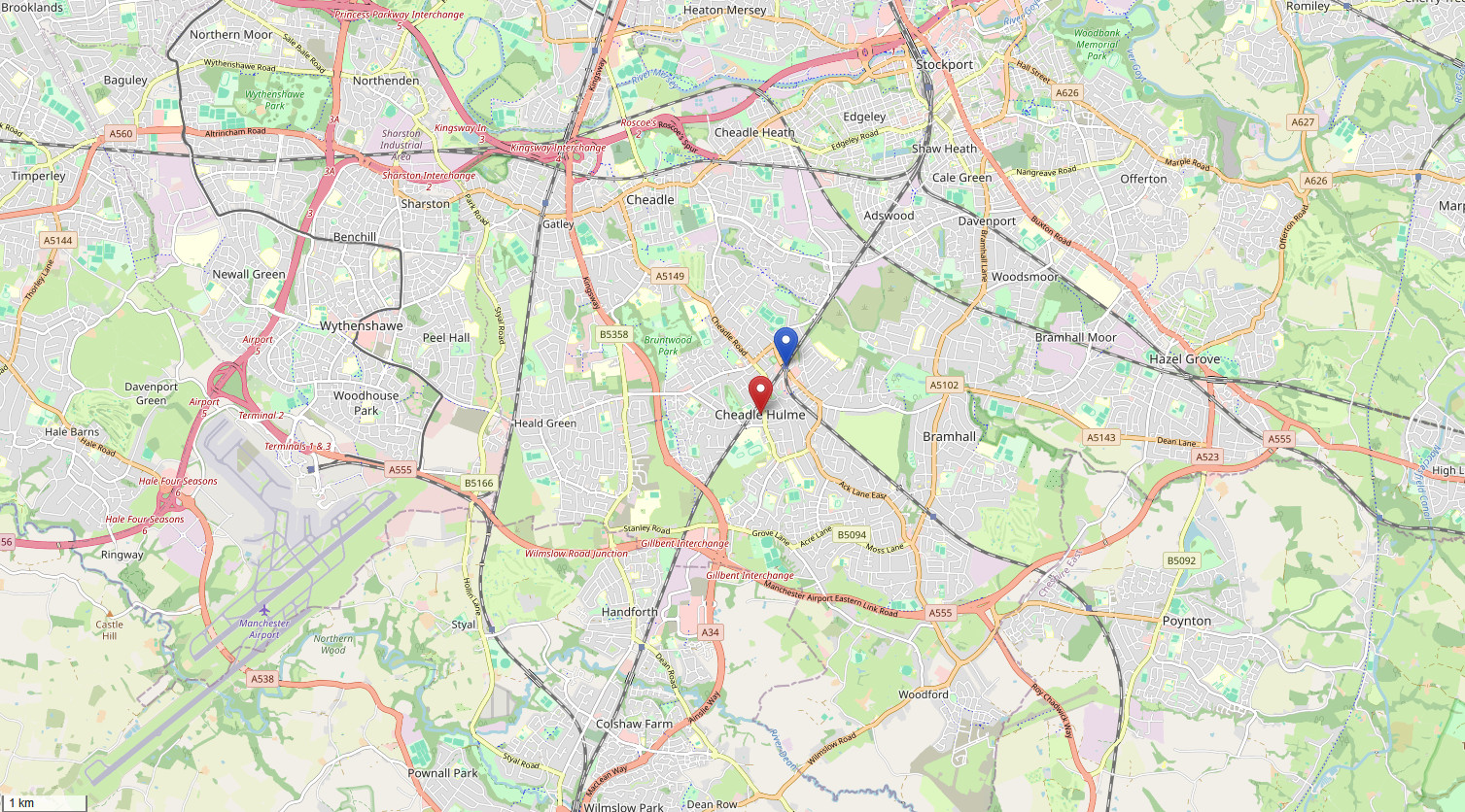 Map showing location of Cheadle Roof Repairs.