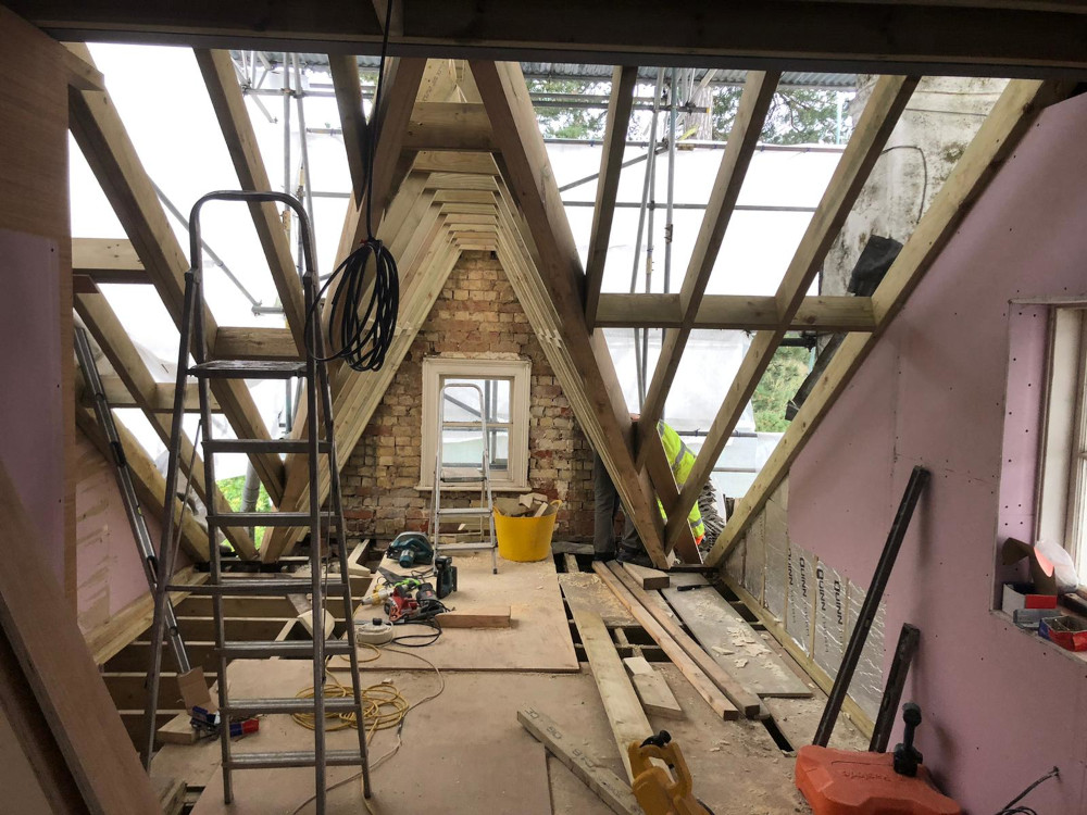 New roof rafters on Victorian terraced house in Beaumaris, Anglesey.